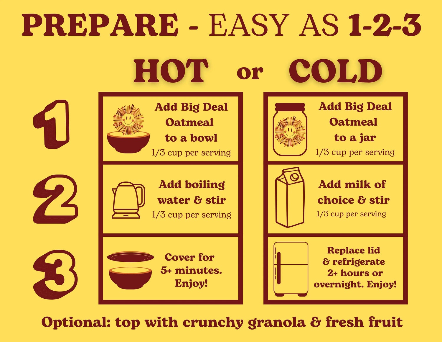 Big Deal Oatmeal preparation instructions for enjoying hot or as cold overnight oats