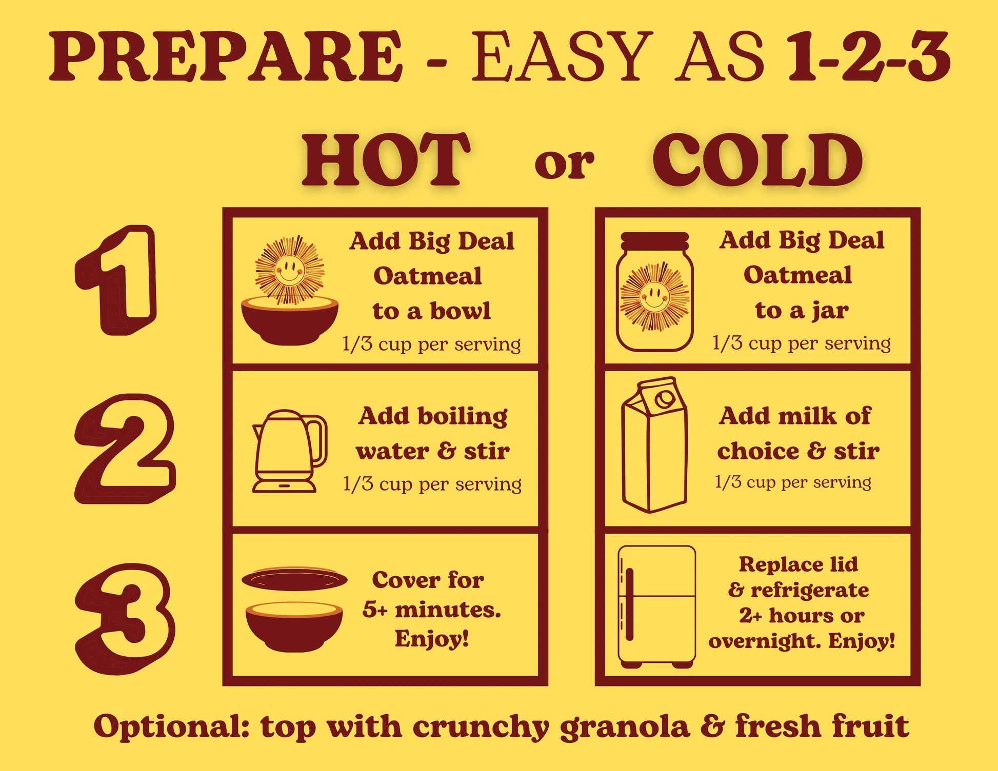 Big Deal Oatmeal preparation instructions for enjoying hot or as cold overnight oats
