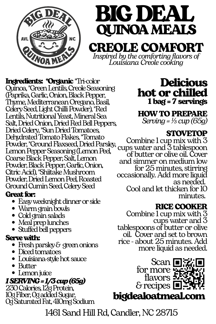 Big Deal Quinoa Meals - Creole Comfort - 1 lb. back label